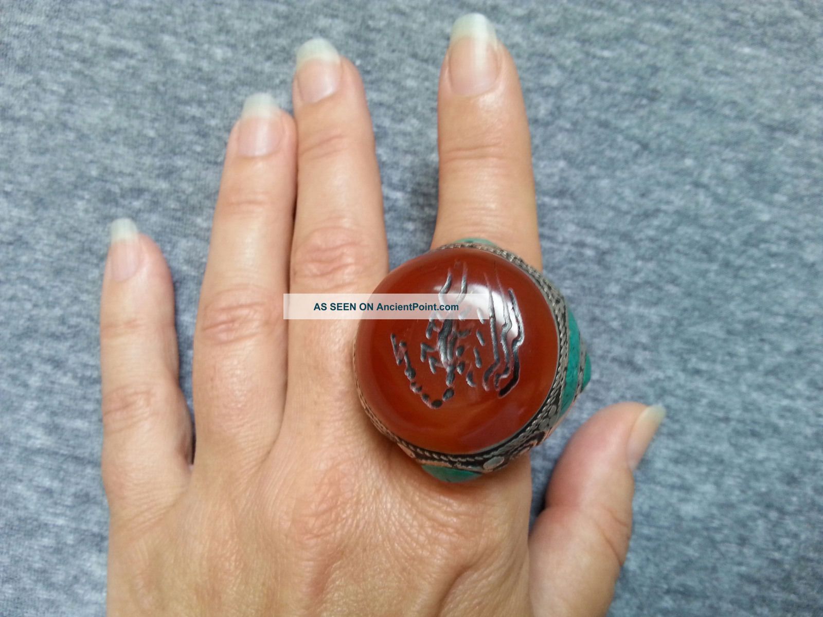 Antique Arabic Islamic Persian Silver Intaglio Scorpion Agate Amulet Ring 49.  4g Islamic photo
