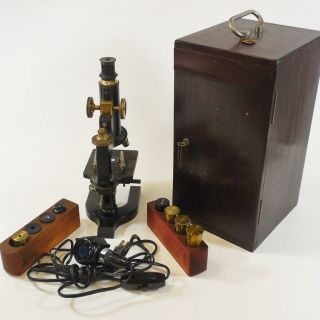 Antique Spencer Jug Handle Microscope W/ Case & Key C.  1909 Black Brass photo