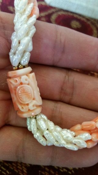 Vintage Chinese Natural Pink Angel Skin Coral Carved Tube Necklace 109.  9 Grams photo