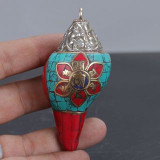 Chinese Antique Tibetan Silver & Turquoise Handwork Conch C624 photo