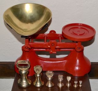 Vintage English Red Boots Kitchen Balance Scales 7 Brass Bell Weights photo