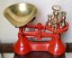 Vintage English Red Boots Kitchen Balance Scales 7 Brass Bell Weights Scales photo 1