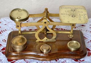 Vintage English Brass And Polished Wood Postal Scales & 5 Brass Weights photo