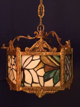 Fabulous Antique French Brass Frame Leaded Slag Glass Chandelier 4 Lite C1900 - 30 photo