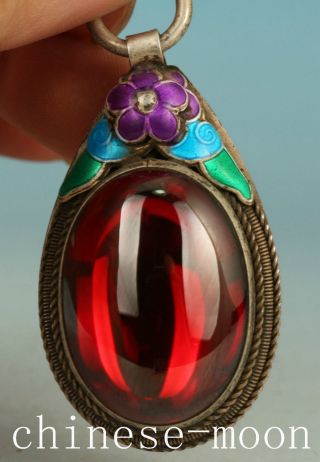 Noble Chinese Old Silver Red Jade Cloisonne Pendant Netsuke Ornament photo