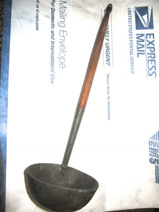 Antique Primitive Pewter Ladle With Long Wooden Handle 13 1/2 
