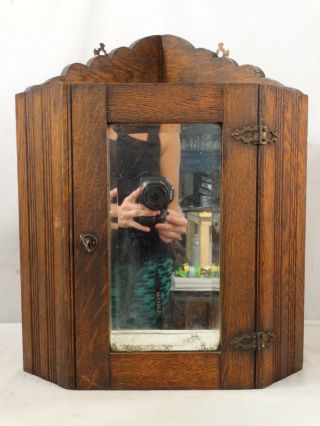 Ca.  1900 Antique Victorian Oak Bevel Mirror Wood Medicine Chest Corner Cabinet photo