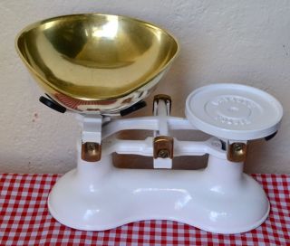 Vintage English Victor Cream Kitchen Scales 7 Brass Bell Weights On Victor Stand photo