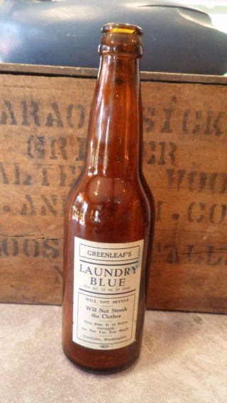 Rare Vintage Greenleaf ' S Laundry Blue Bluing Liquid In Rare Amber Bottle photo