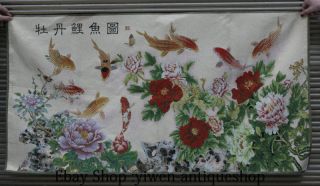 42  China Chinese Silk Satin Peony Carp Graph Butterfly Tangka Mural Painting photo