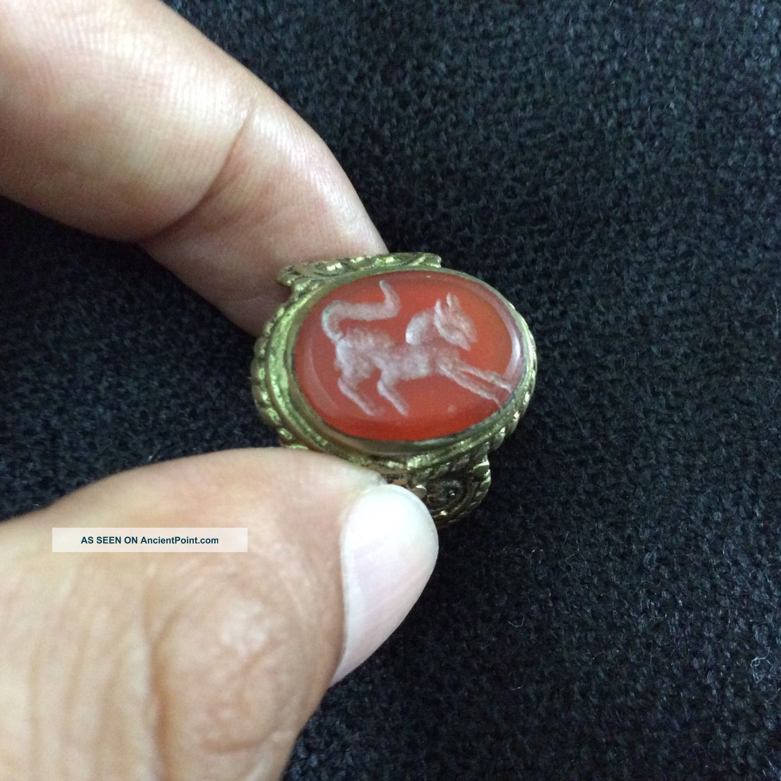 Men ' S Animal Engraved Agate Carnelian Ring Afghan Stone Islamic Vintage 9.  5 Us Islamic photo