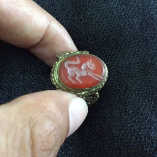 Men ' S Animal Engraved Agate Carnelian Ring Afghan Stone Islamic Vintage 9.  5 Us photo