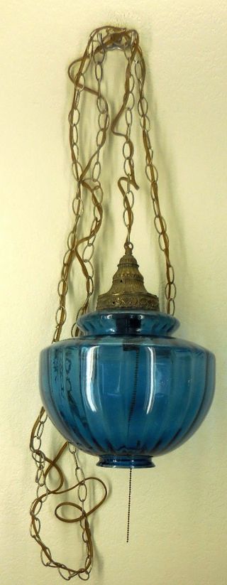 Vtg Mid Century Hanging Swag Pendant Lamp Light Fixture Cobalt Blue Glass 4338 photo