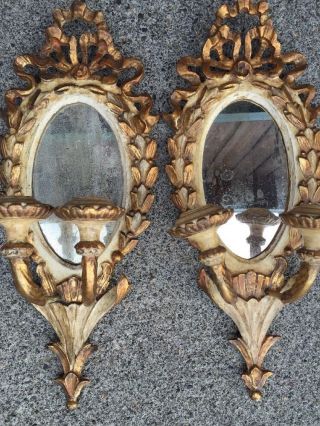 Antique Pair Italian Wood Mirror Gold Gilt Girandole Wall Sconces Candelabra photo