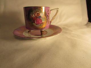 Vintage Porcelain Luster Ware Footed Egg Shell Tea Cup & Saucer Courting Couple photo