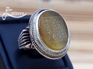 Shia Islamic Ring 925 Sterling Silver Real Yemeni Aqeeq Hand Engraved 3 photo