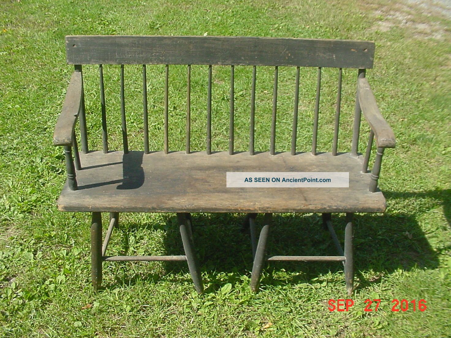 Antique 1800 ' S Pa Dutch Plank Seat Spindle Back Bench Rustic 1800-1899 photo