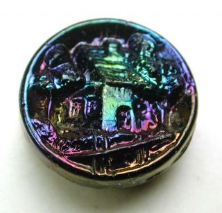 Antique Black Glass Button Cottage & Fence Colorful Carnival Luster - 11/16 Inch photo