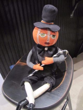 Primitive Folk Art Halloween Pumpkin Doll With Hat & Cane photo