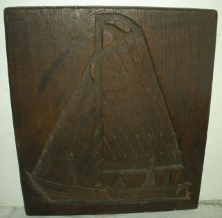 Antique 1700s –1800s Folk Art Carved Wood Mold Fisherman Ship Catching Fish Vafo photo