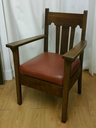 Antique Tiger Oak Mission Style Wood Arm Chair.  Early 1900s.  Very Sturdy photo