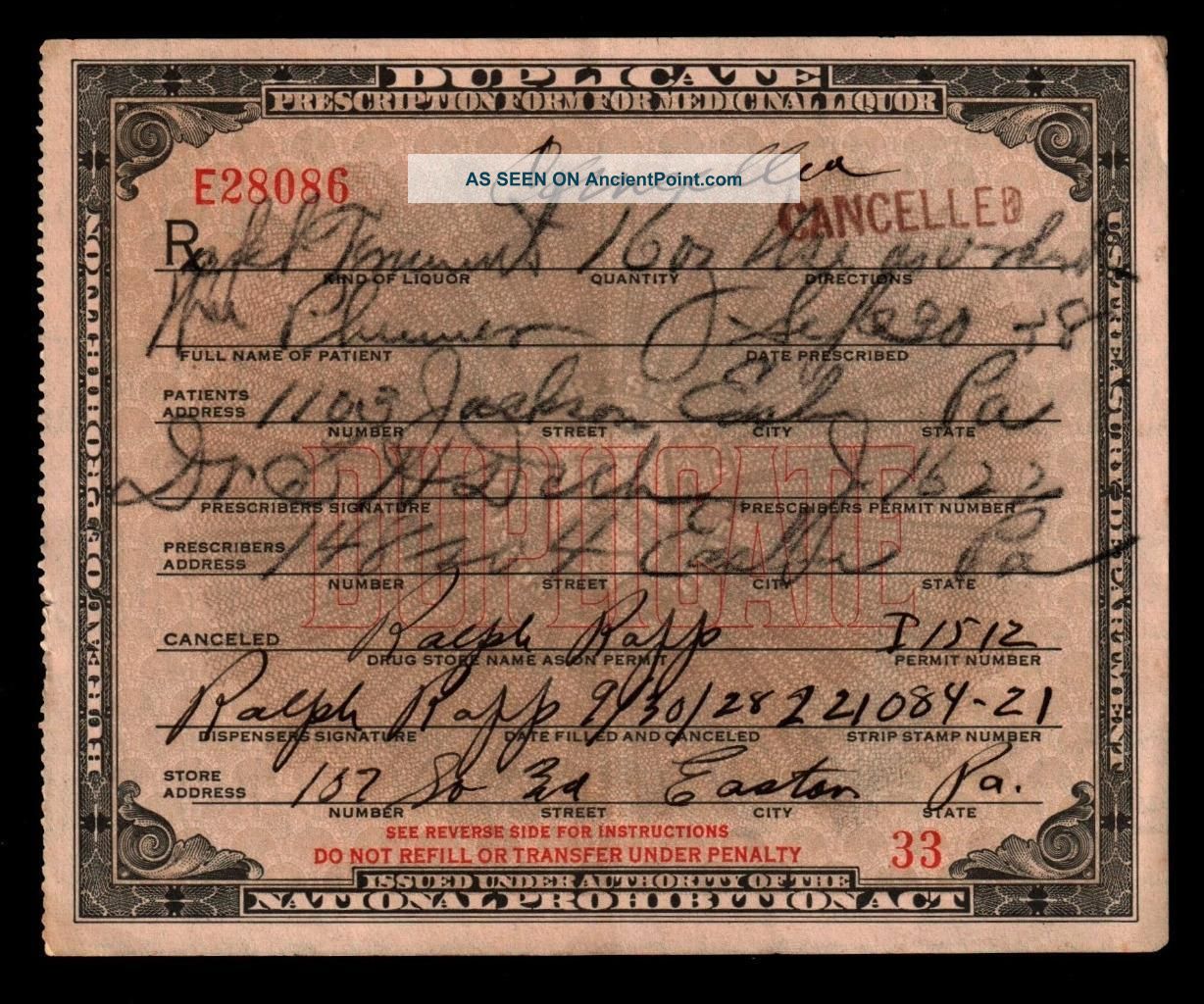 Prohibition Whiskey Prescription Antique Pharmacy Doctor Bar Easton Pa 9/30 1928 Other Medical Antiques photo