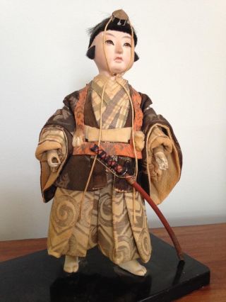 Vintage Japanese Samurai Doll Gofun Face Label Tanabe Doll Co.  Tokyo 12in photo