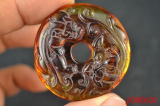 China Culture Style Collectible Amber Handwork Carve 2 Dragon Cycle Pendant photo