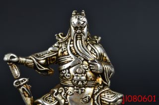 Collectible China Handwork Old Tibet Silver Carve Guanyu Kongfu God Statue Decor photo