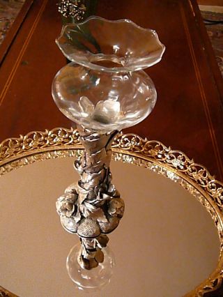 Gorgeous Art Nouveau Silver Vase 22cm With Incolor Glass Insert On Sculpted Foot photo
