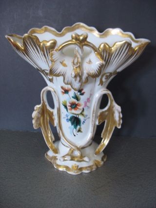 Vtg Old Paris Floral Spill Vase Hdptd White Porcelain Gold Trim 1800s Floral photo