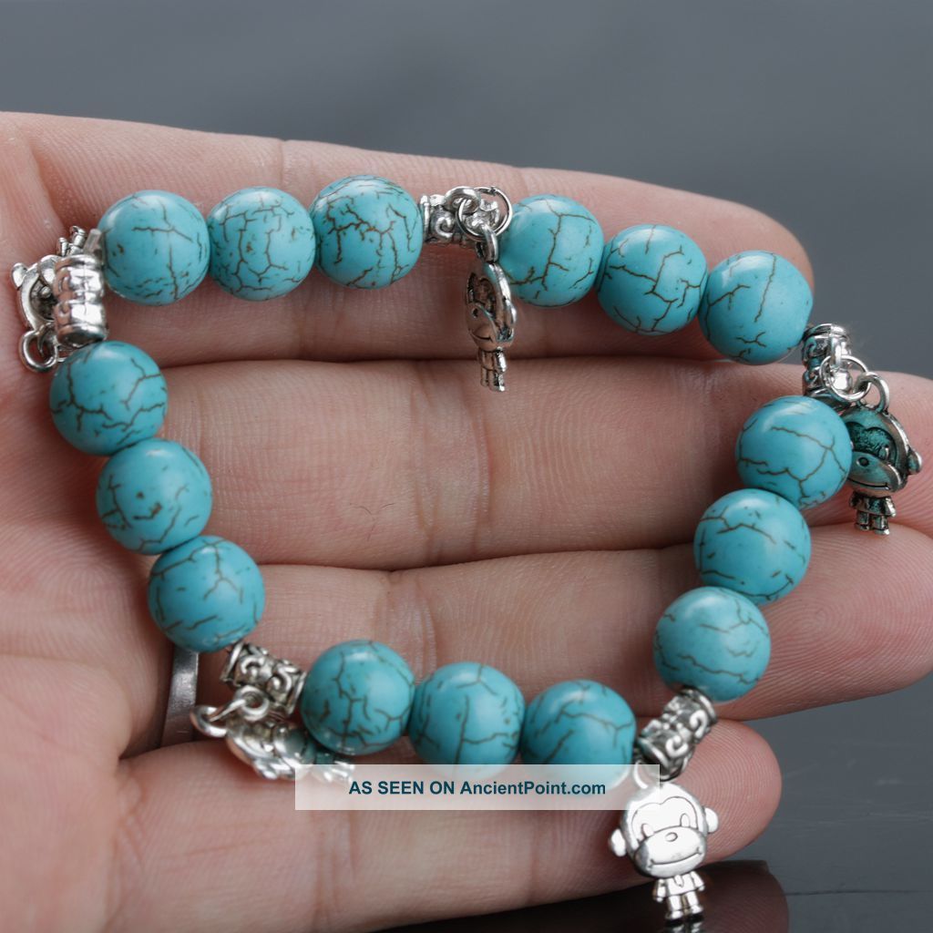 100 Natural Turquoise & Tibet Silver Handwork Chinese Zodiac Bracelet - Monkey Other Chinese Antiques photo