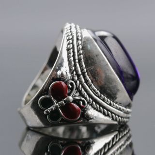 Chinese Exquisite Tibet Silver Inlaid Amethyst Handwork National Fashion Ring photo