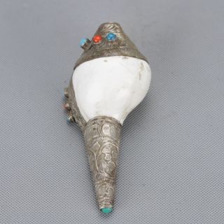 Chinese Antique Tibetan Silver & Turquoise Handwork Conch Statue C729 photo