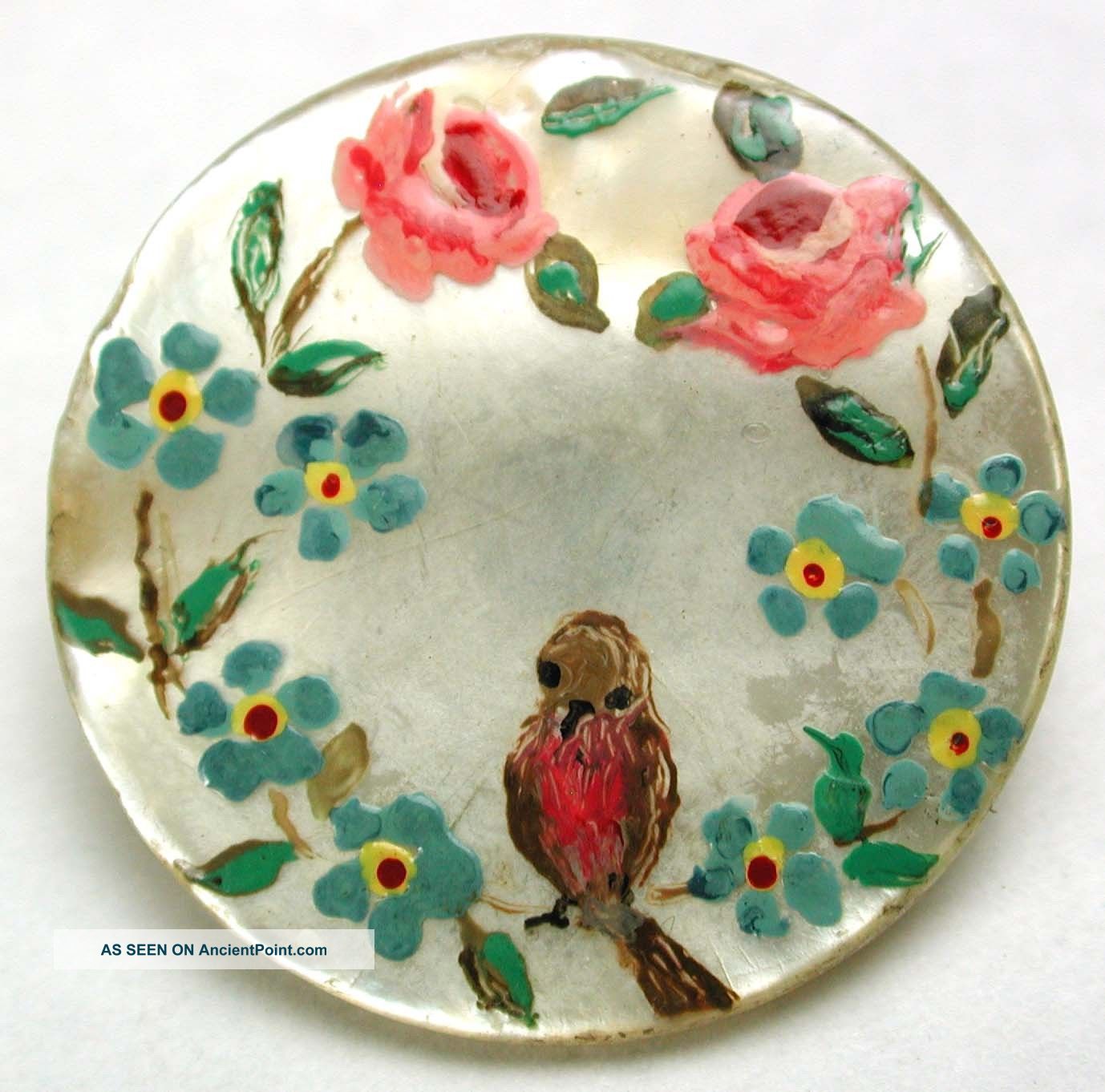 Antique Shell Button W/ Hand Painted Bird & Flowers Design 15/16 