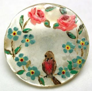 Antique Shell Button W/ Hand Painted Bird & Flowers Design 15/16 