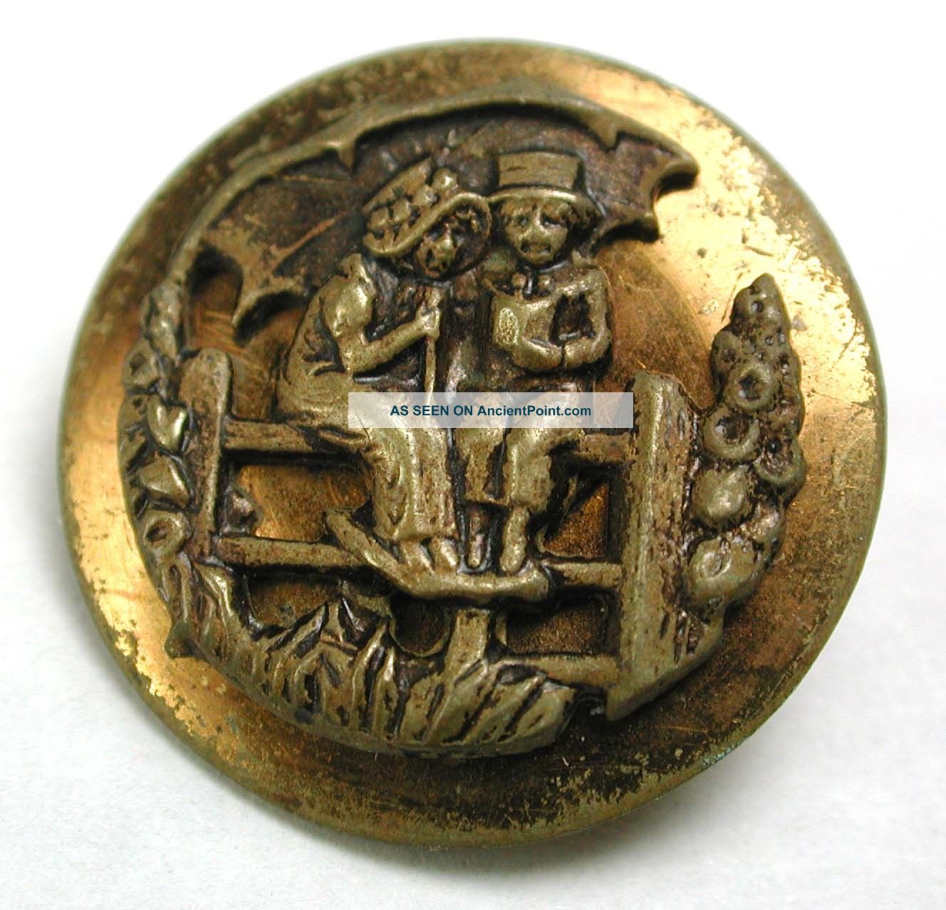 Antique Brass Button Boy & Girl On Fence W/ Umbrella Design - 11/16 Buttons photo