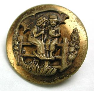 Antique Brass Button Boy & Girl On Fence W/ Umbrella Design - 11/16 photo