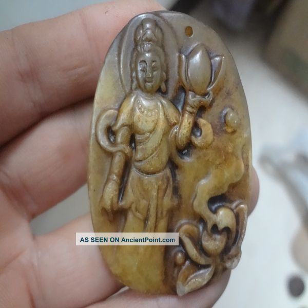 China Antique，100 Natural Light Old Jade Pendant,  Hand Carved Amulet Guanyin Necklaces & Pendants photo