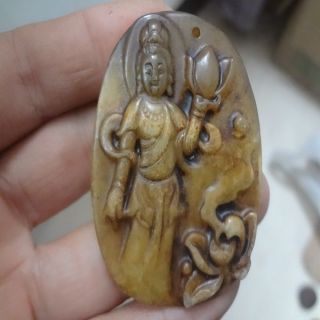 China Antique，100 Natural Light Old Jade Pendant,  Hand Carved Amulet Guanyin photo