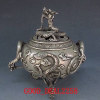 Chinese Vintage Handwork Silver Bronze Dragon Incense Burner & Lid W Xuande Mark photo