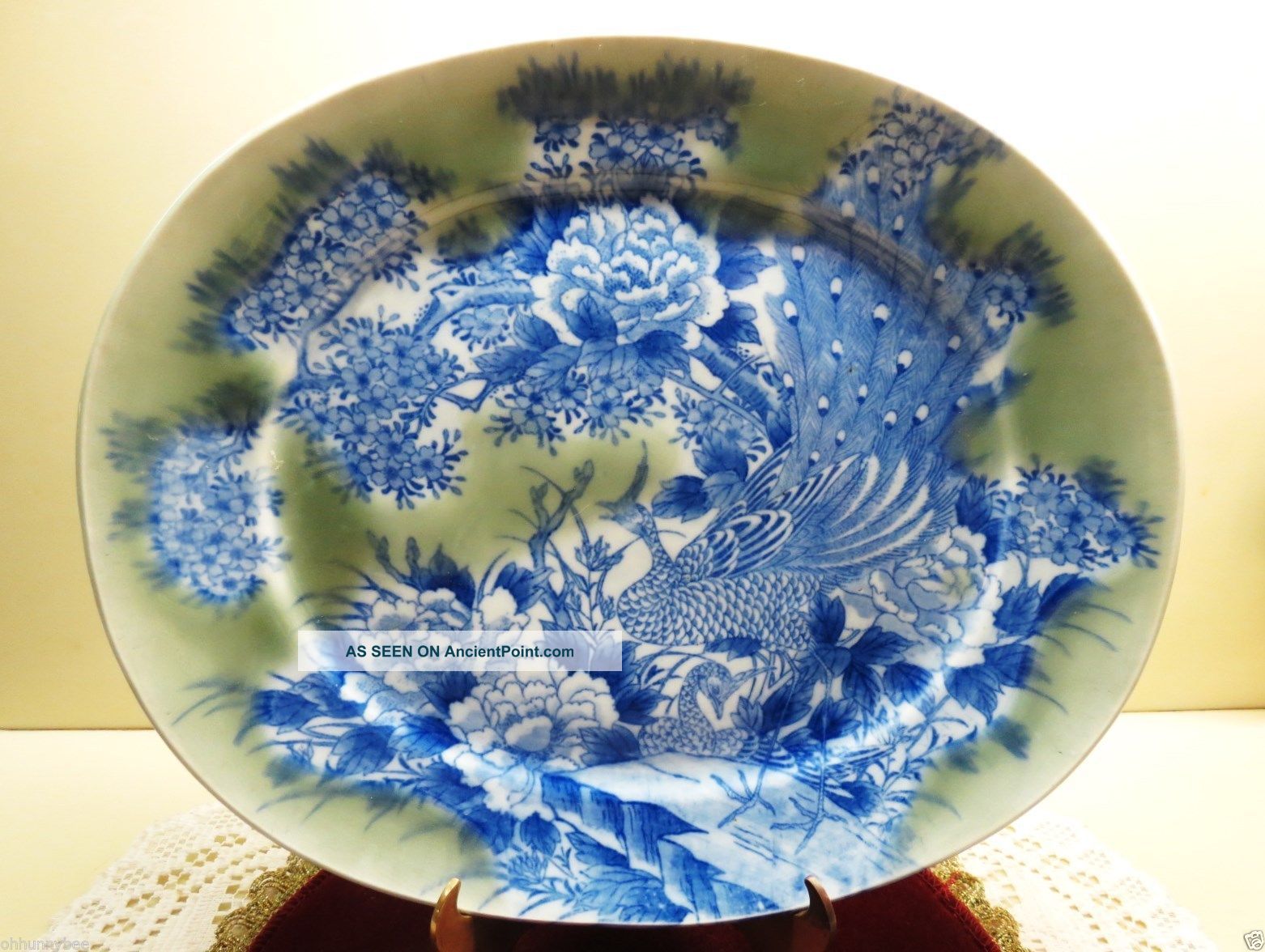 Antique Meiji Japanese Sometsuke Seiji Celadon Blue Peacock 13 