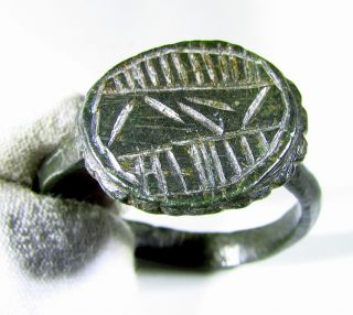 Ancient Roman Bronze Ring With Decorated Bezel - Wearable - Ef53 photo
