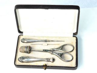 Ca.  1890 Art Nouveau Sewing Kit Thimble Scissor Needle Tube W/box photo