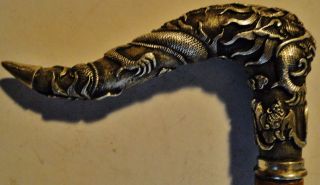 Chinese Silver 5 - Claw Dragon Cane Handle On Signed Japanese Bamboo Shaft 1880 photo