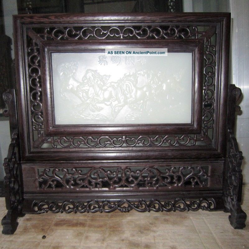 Fine Chinese Wood Inlaid Afghanistan Jade Eight Horses Screen See more Fine Chinese Wood Inlaid Afghanistan Jade Eigh... photo