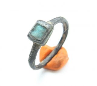Antique Medieval Bronze Finger Ring With Light Blue Inlay (max) photo
