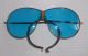 Antique Aviator Glasses Unusual Hinged Nose Piece Blue Lens Leather Ear Wrap Optical photo 1