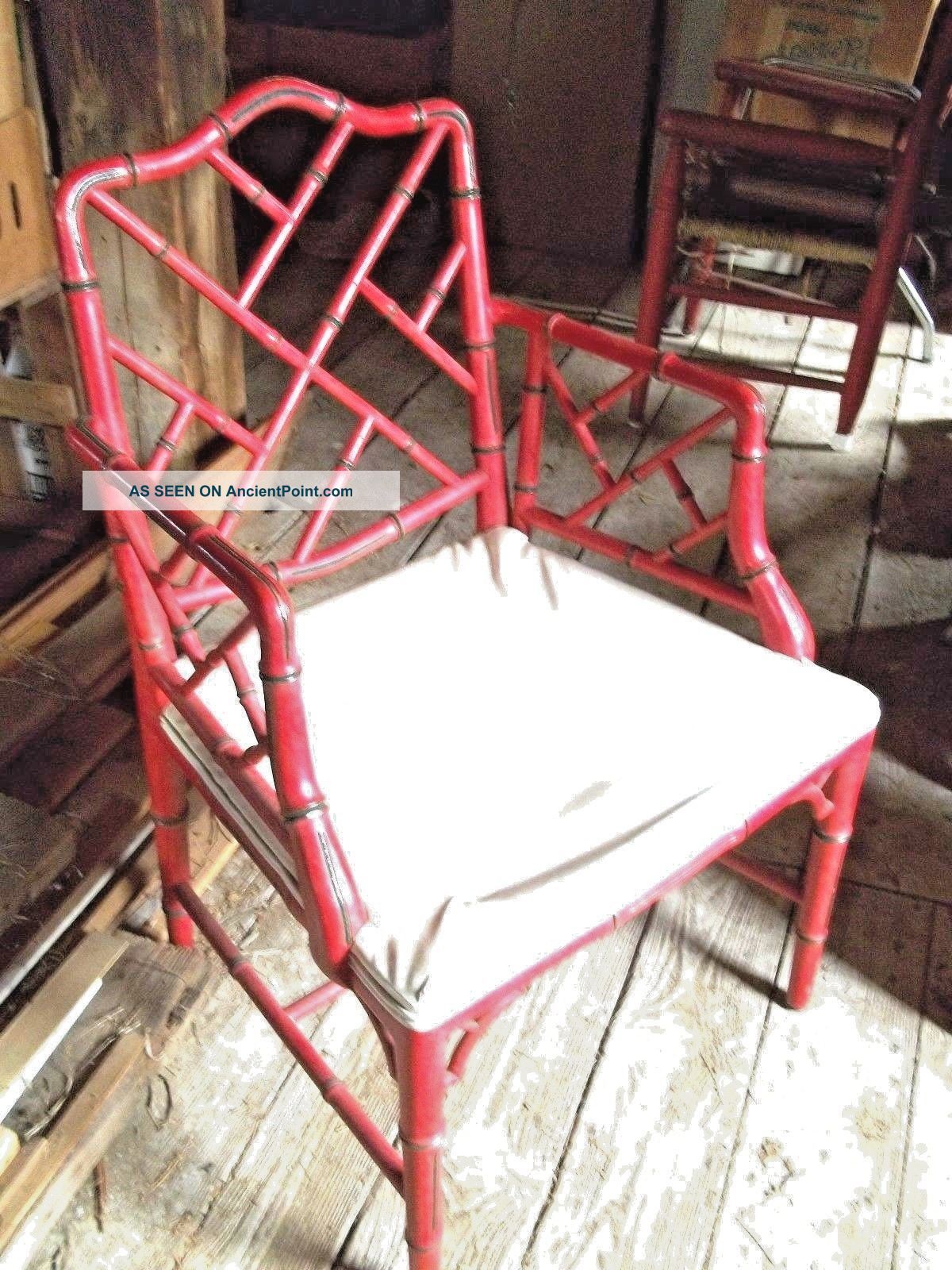 Mid Century Oriental Chinese Chippendale Lattice Back Red Armchair Post-1950 photo