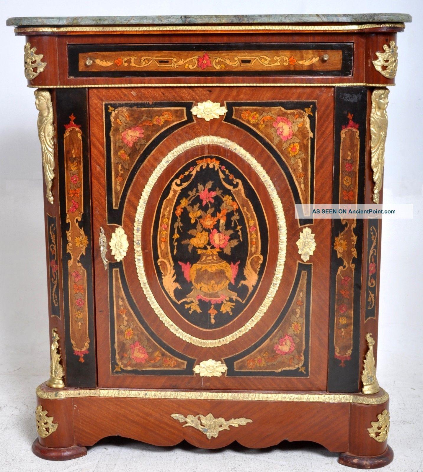 Fine Antique French Marquetry Ormolu Louis Xv Marble Top Pier Cabinet 1890 1800-1899 photo